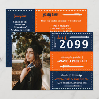 Orange & Navy Dotted Boxes and Pencils Graduation Invitation