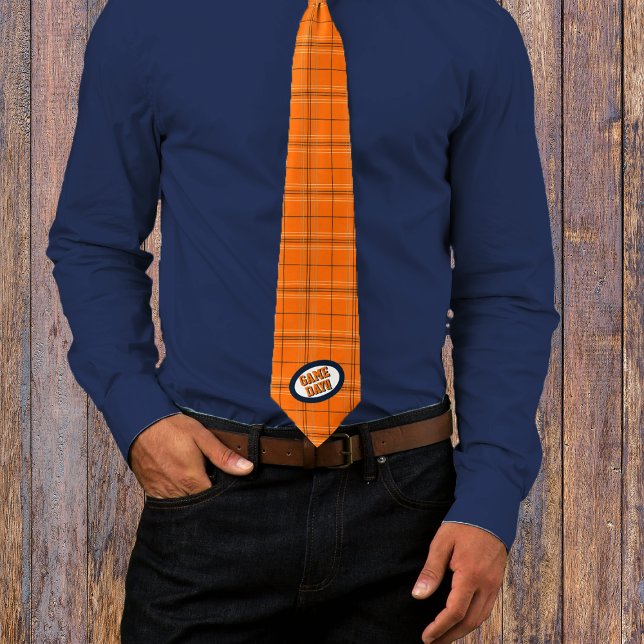 Orange & Navy Plaid Pattern Game Day Neck Tie (Creator Uploaded)