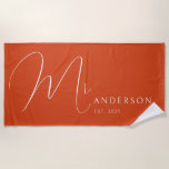 Orange Newlyweds Mr Name Personalized Honeymoon Beach Towel<br><div class="desc">Celebrate your love in style with this personalized beach towel for adults, featuring the newlyweds' names in an elegant, modern design. Perfect for a honeymoon beach trip, anniversary getaway, or romantic vacation, this soft and vibrant towel is a must-have for couples who love to travel together. Designed with a burnt...</div>