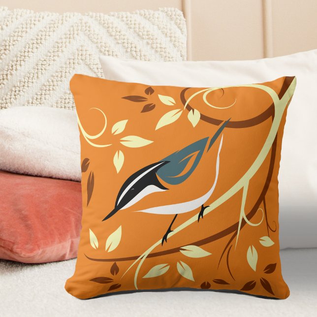 Orange Nuthatch Bird Art Throw Pillow (Creator Uploaded)