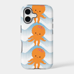 Orange Octopus And Blue Waves Pattern