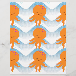 Orange Octopus And Blue Waves Pattern