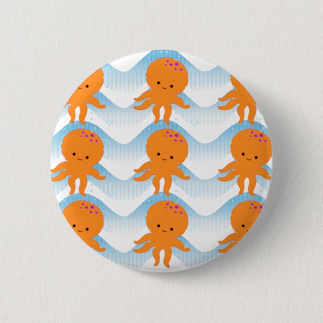 Orange Octopus And Blue Waves Pattern 2 Inch Round Button (Front)
