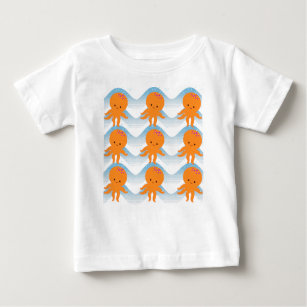 Orange Octopus And Blue Waves Pattern Baby T-Shirt