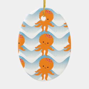Orange Octopus And Blue Waves Pattern Ceramic Ornament