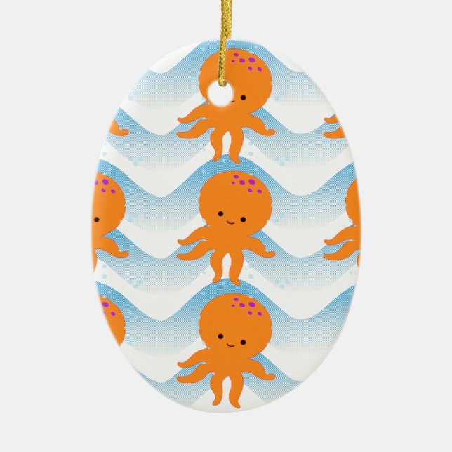 Orange Octopus And Blue Waves Pattern Ceramic Ornament (Front)
