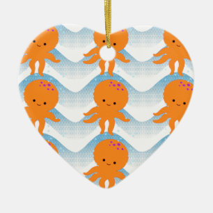 Orange Octopus And Blue Waves Pattern Ceramic Ornament