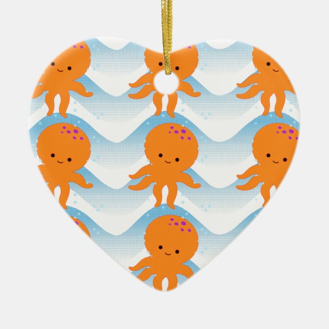 Orange Octopus And Blue Waves Pattern Ceramic Ornament (Front)