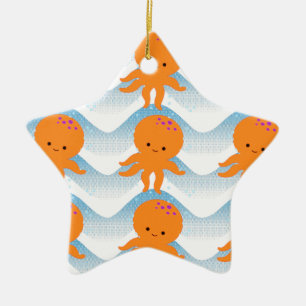 Orange Octopus And Blue Waves Pattern Ceramic Ornament