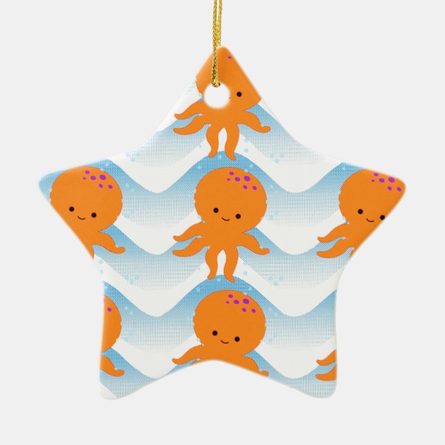 Orange Octopus And Blue Waves Pattern Ceramic Ornament (Front)