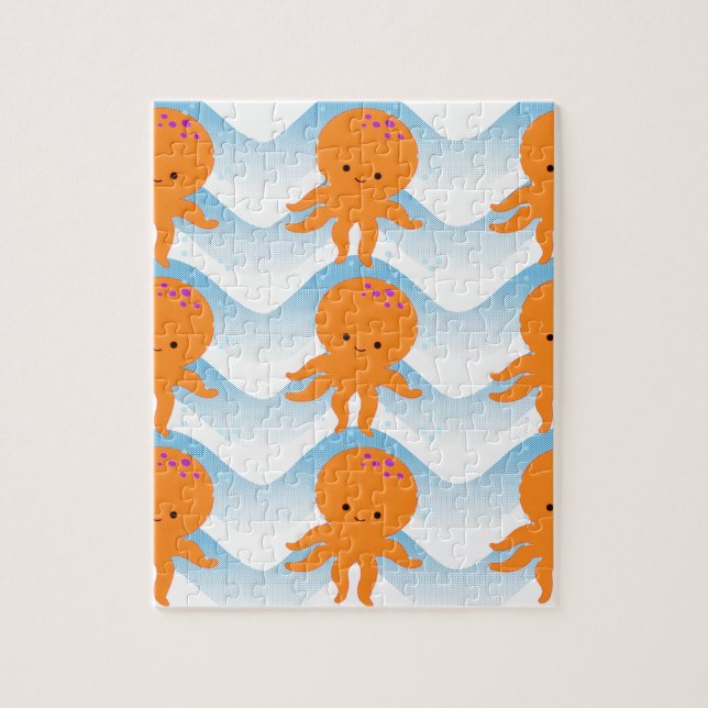 Orange Octopus And Blue Waves Pattern Jigsaw Puzzle (Vertical)