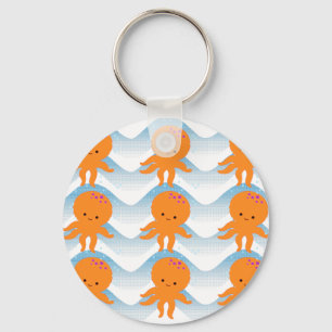 Orange Octopus And Blue Waves Pattern Keychain