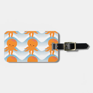Orange Octopus And Blue Waves Pattern Luggage Tag