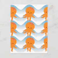 Orange Octopus And Blue Waves Pattern