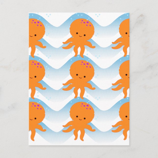 Orange Octopus And Blue Waves Pattern Postcard (Front)