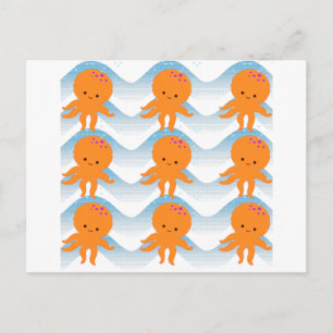 Orange Octopus And Blue Waves Pattern Postcard