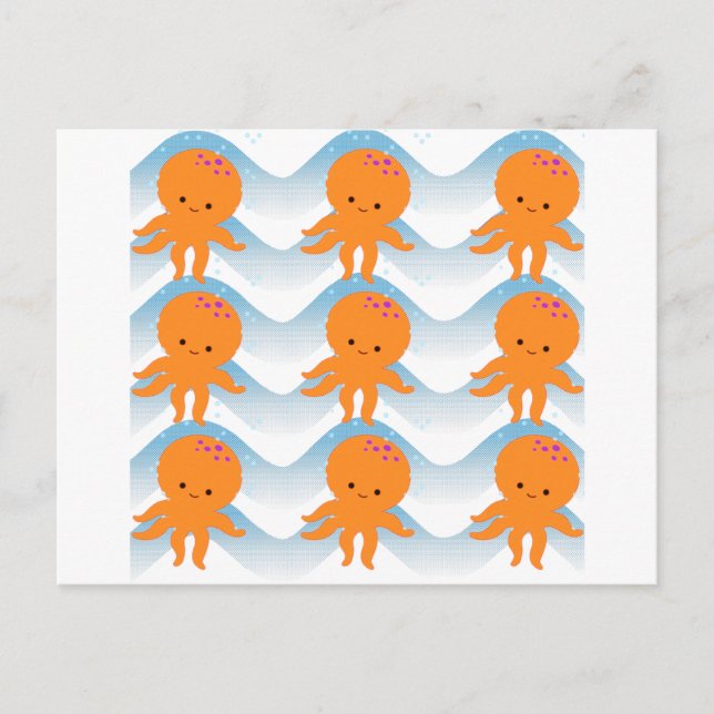 Orange Octopus And Blue Waves Pattern Postcard (Front)