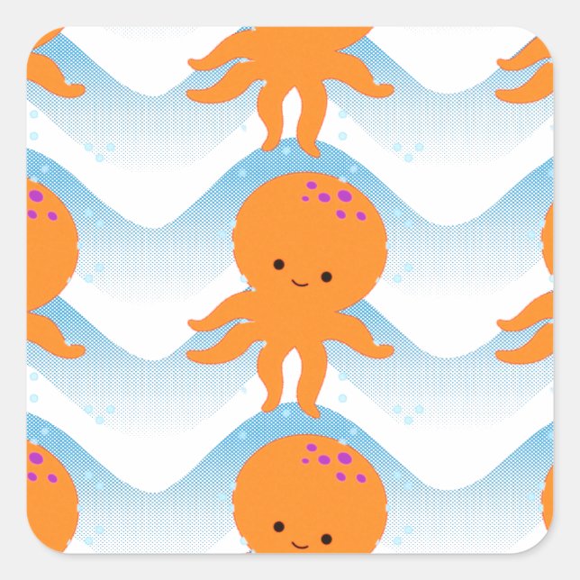 Orange Octopus And Blue Waves Pattern Square Sticker (Front)