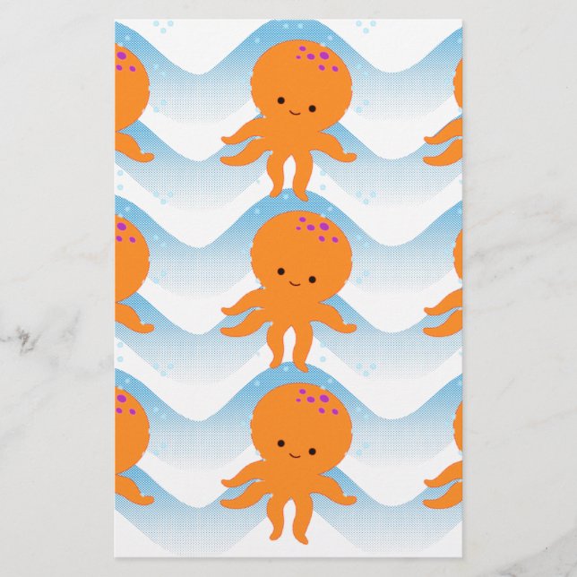 Orange Octopus And Blue Waves Pattern Stationery (Front)