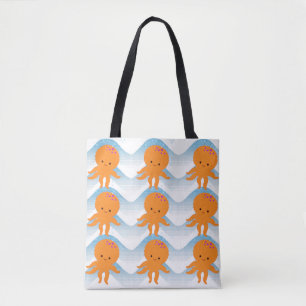 Orange Octopus And Blue Waves Pattern Tote Bag