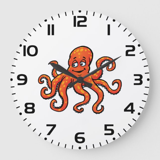 Orange Octopus Cartoon Ocean Sea Creature Large Clock (Front)