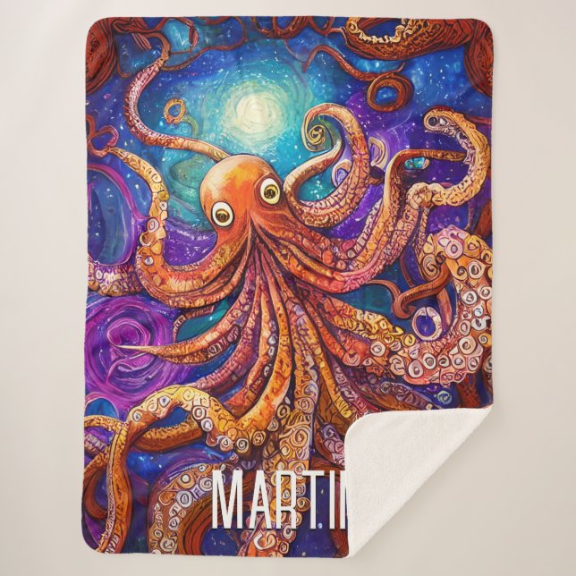 Orange Octopus | Full Moon with Personalized Name Sherpa Blanket (Front)