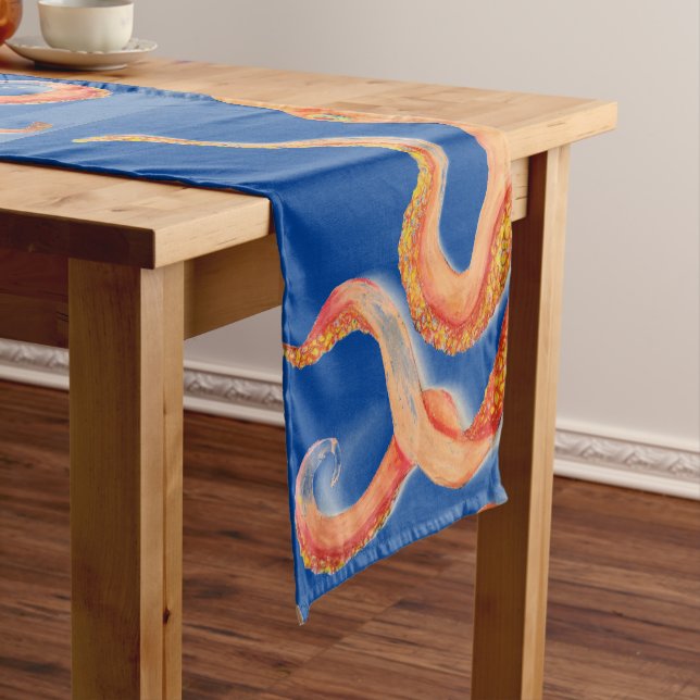 orange octopus on blue short table runner (In Situ)