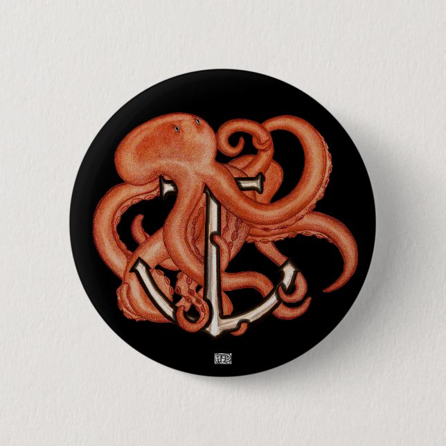 Orange Octopus Over Anchor 2 Inch Round Button (Front)
