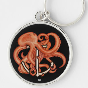 Orange Octopus Over Anchor Keychain