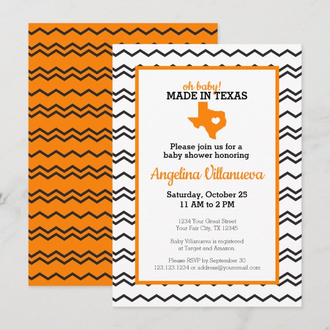 Orange Oh Baby! Chevron Made in Texas Shower Invitation (Front/Back)