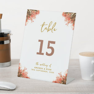 Orange Oleander Flower Wedding Table Number Pedestal Sign