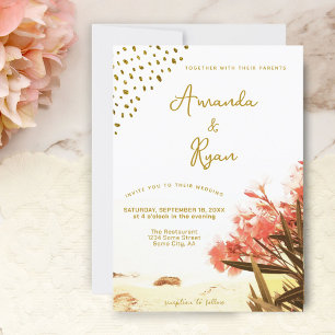Orange Oleander Flowers Beach Glitter Wedding Invitation