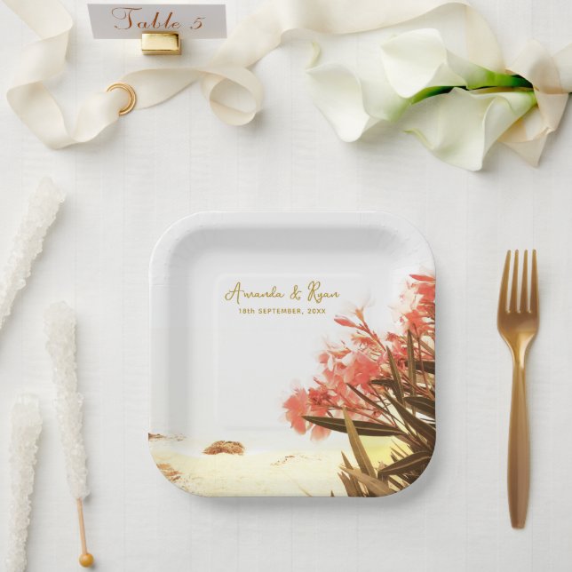 Orange Oleander Flowers Beach Wedding Paper Plate (Wedding)
