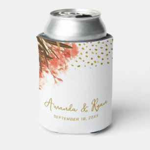 Orange Oleander Flowers Gold Glitter Wedding Can Cooler