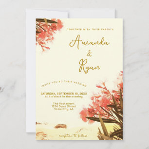 Orange Oleander Flowers on the Beach Wedding Invitation