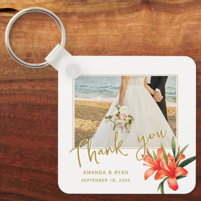 Orange Oleander Flowers Photo Thank you Wedding  Keychain (Front)