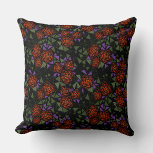 orange olive black mosaic floral pattern retro throw pillow