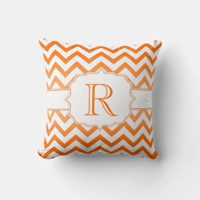 Orange Ombre and White Chevron Pattern Monogram Throw Pillow (Front)