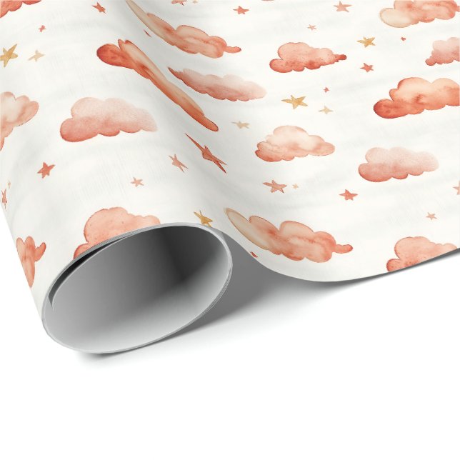 Orange Ombre Clouds & Stars Wrapping Paper (Roll Corner)