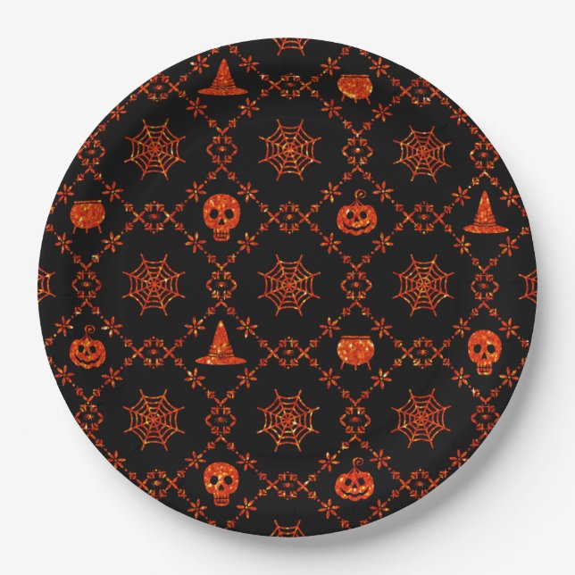 Orange on Black Halloween Pattern Paper Plate (Front)