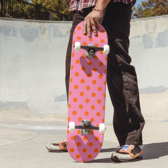 Orange On Pink Polka Dots Pattern Design Skateboard (Creator Uploaded)