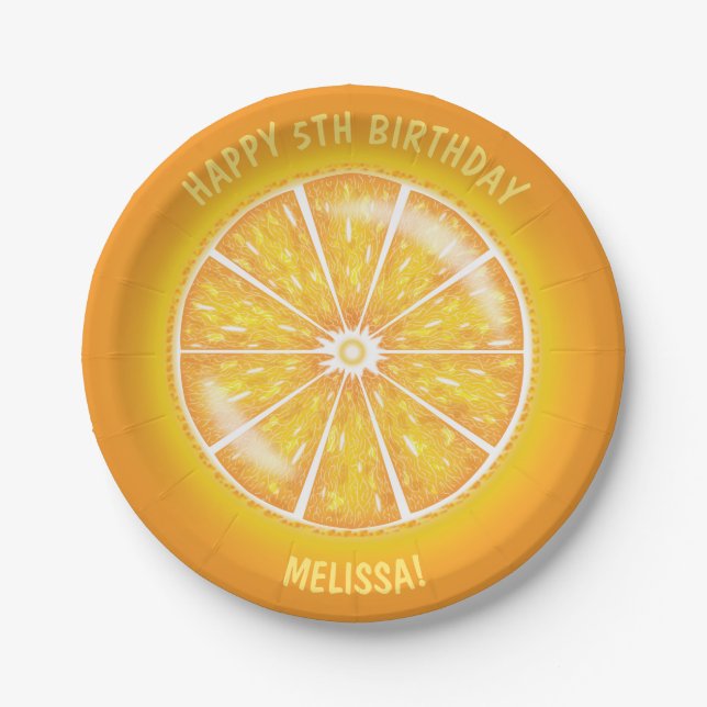 Orange Or Mandarin Citrus Fruit With Text Birthday Paper Plate (Front)