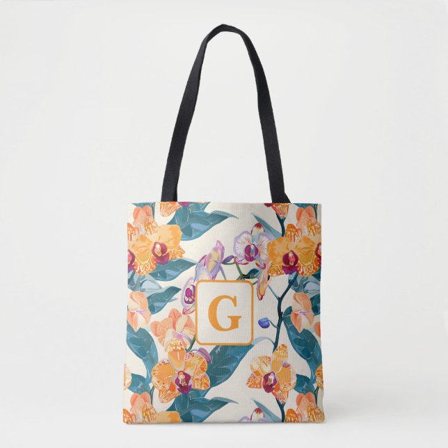 Orange Orchids Monogram fleece blanket Tote Bag (Front)