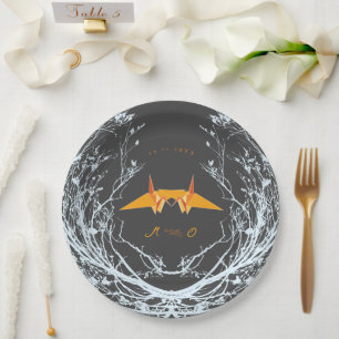 Orange Origami Paper Cranes Branches Asian Wedding Paper Plate