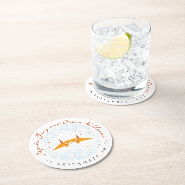 Orange Origami Paper Cranes Branches Asian Wedding Round Paper Coaster (Insitu)