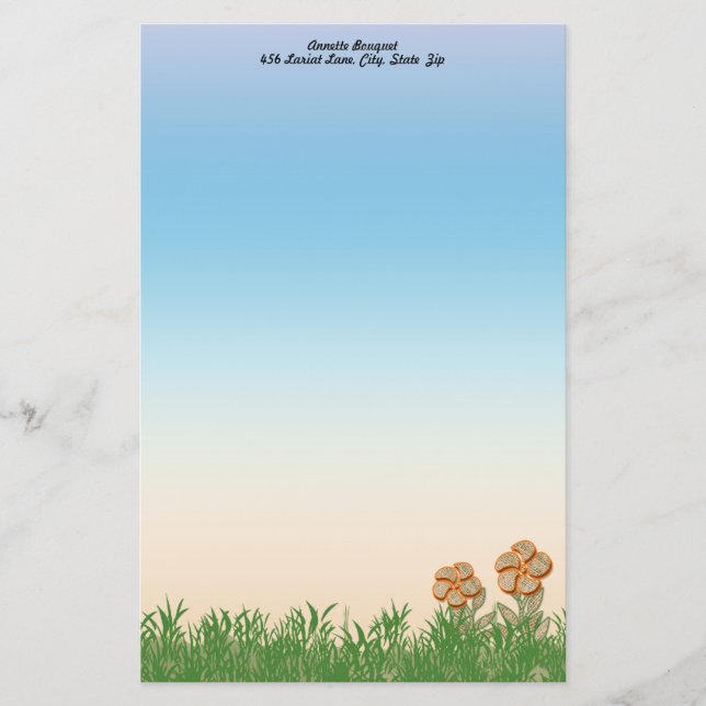 Orange Outlined Burlap Flower Art Personalized Stationery (Front)
