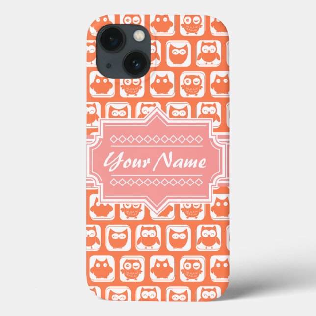 Orange Owl Coral Personalized Name Case-Mate iPhone Case (Back)