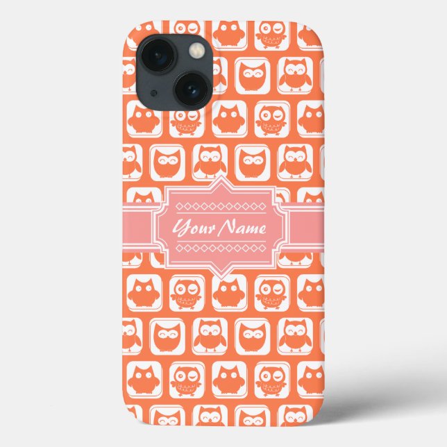 Orange Owl Coral Personalized Name Case-Mate iPhone Case (Back)
