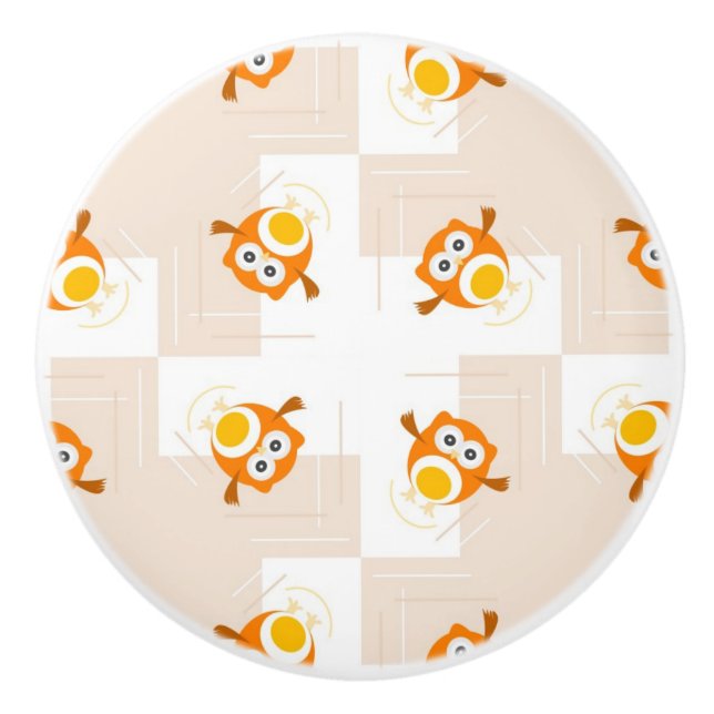 Orange Owl Illustration Pattern Ceramic Knob (Front)