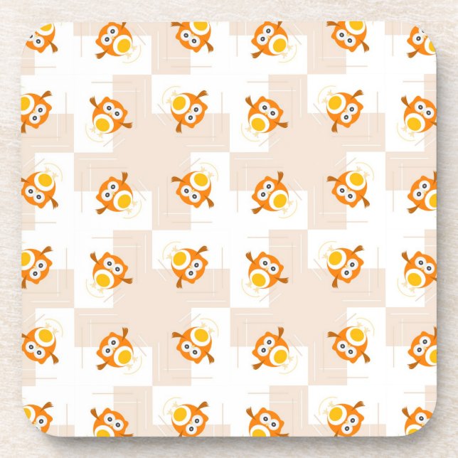 Orange Owl Illustration Pattern Coaster (Front)